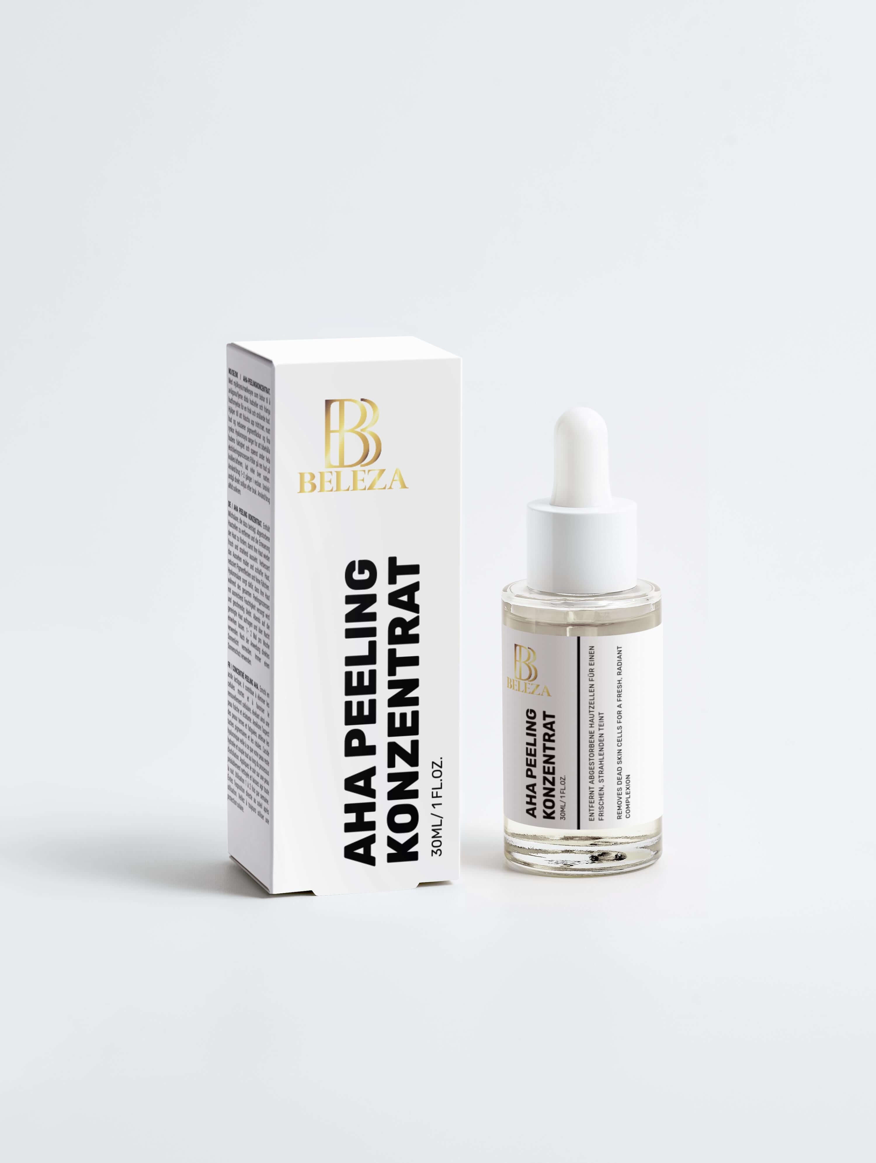 AHA Peeling Konzentrat mit 10% Milchsäure in einer Glasflasche und eleganter Verpackung.