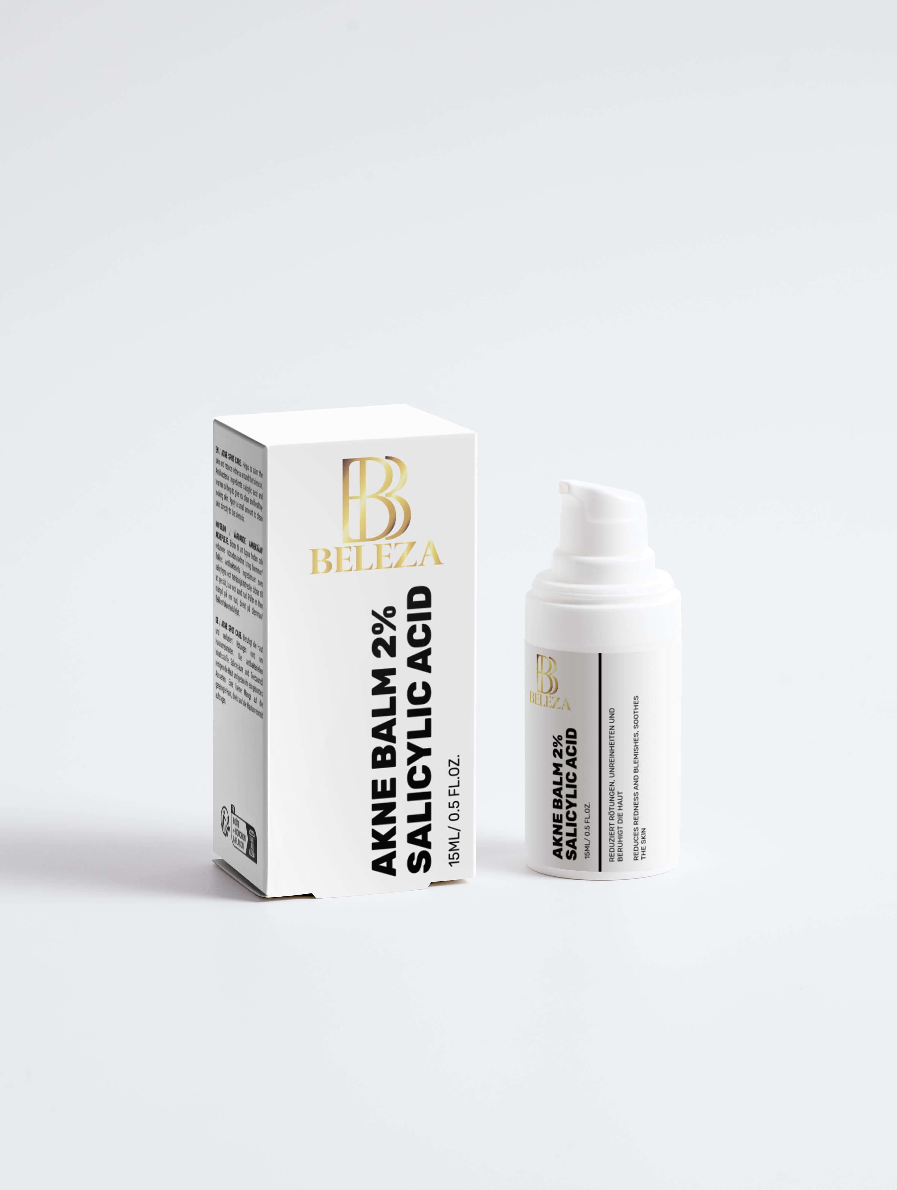 Akne Balm 2% Salicylsäure von Beleza zur Bekämpfung von Hautunreinheiten mit Teebaumöl zur Beruhigung der Haut.
