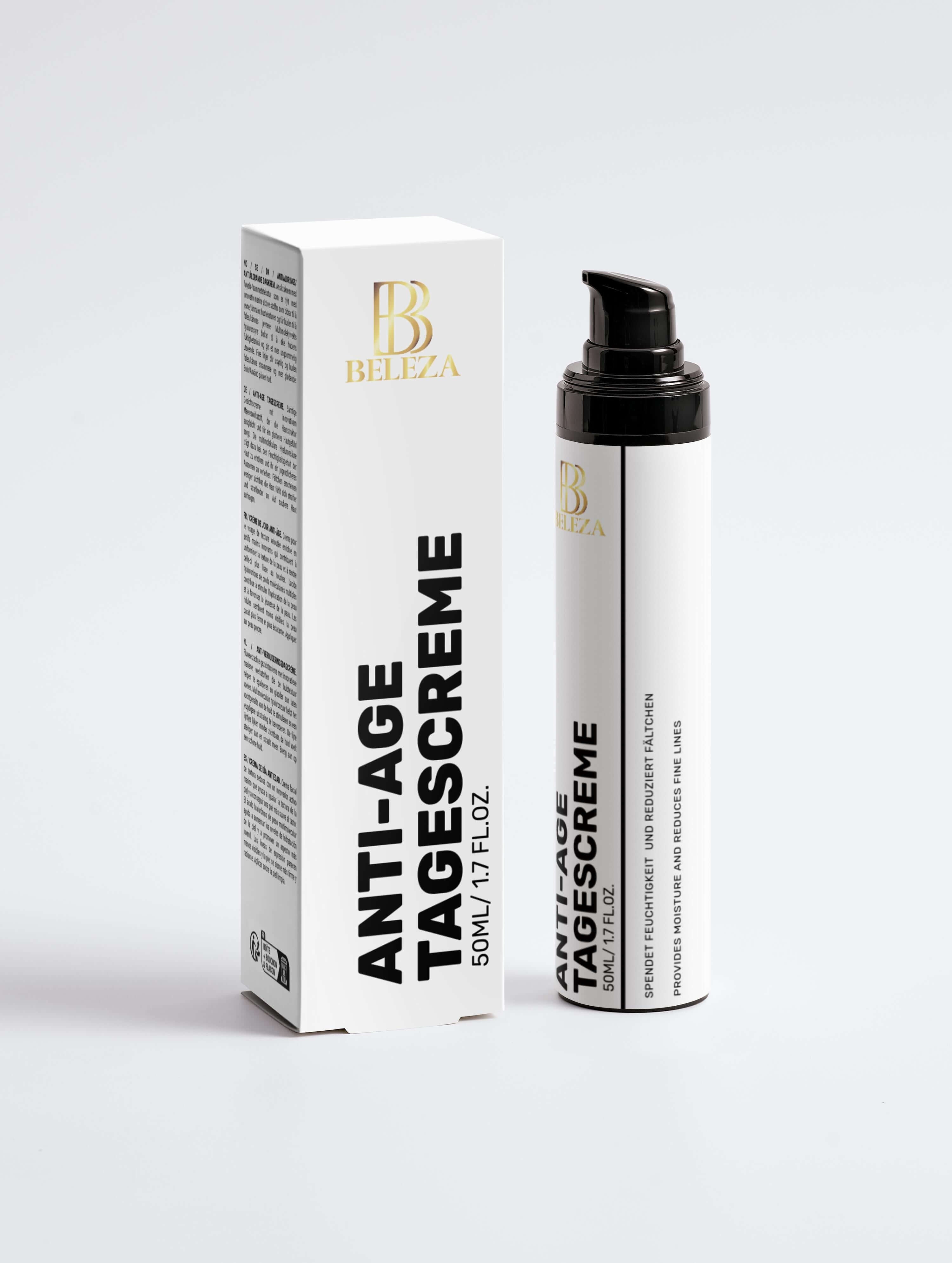 Anti-Age Tagescreme in eleganter Verpackung, fördert glatte und strahlende Hautstruktur, 50 ml Flasche.