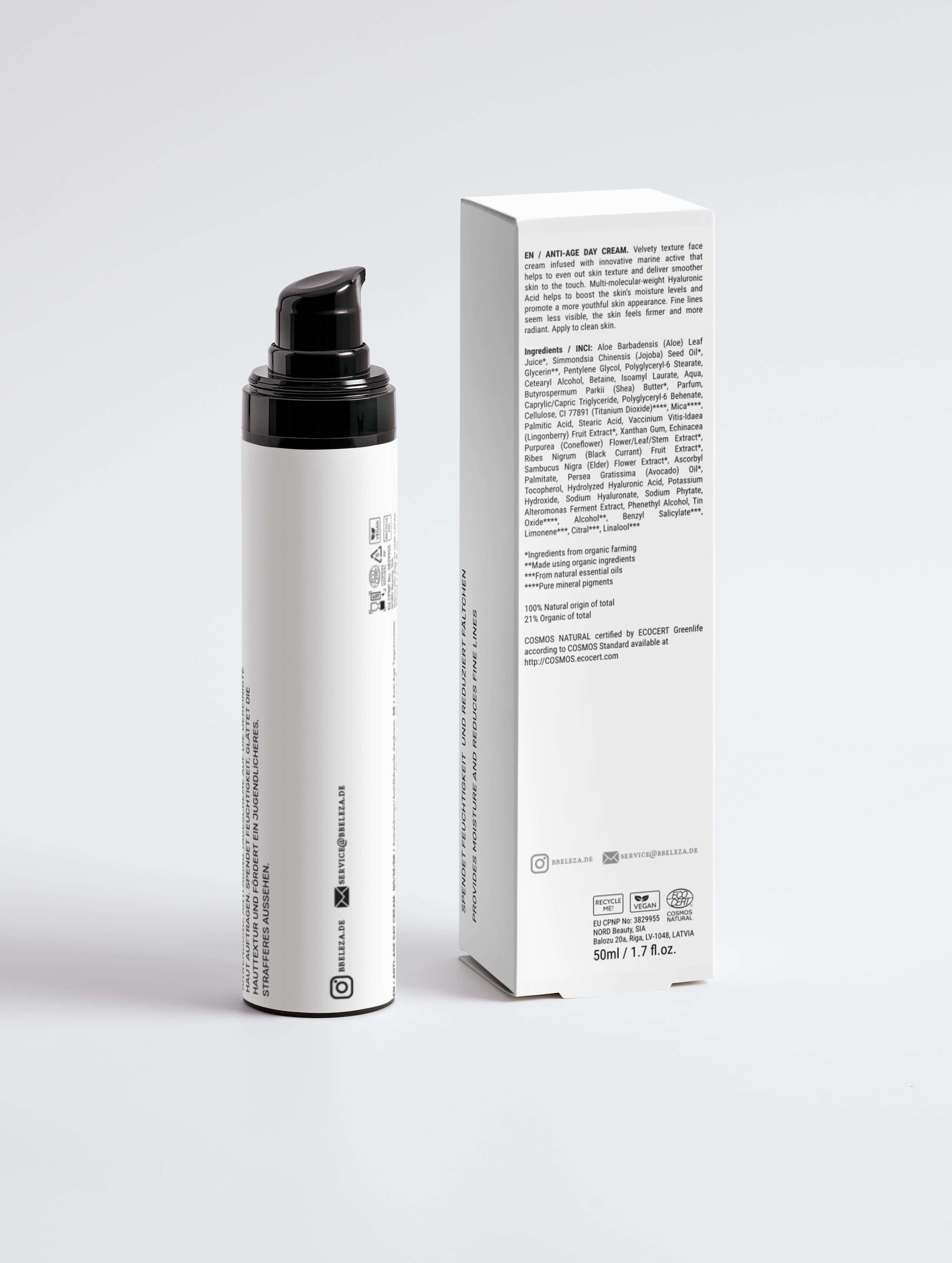 Anti-Age Tagescreme in eleganter Verpackung mit Anwendungsinformationen und Inhaltsstoffen.