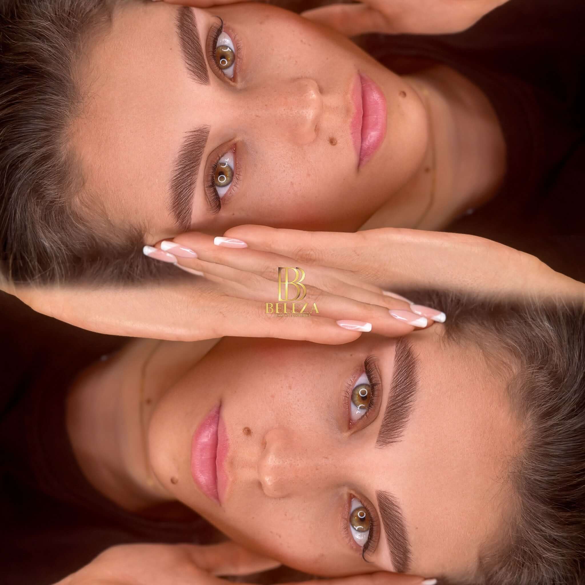 A close-up portrait of a woman with flawless skin and well-defined eyebrows, showcasing beauty and makeup artistry.