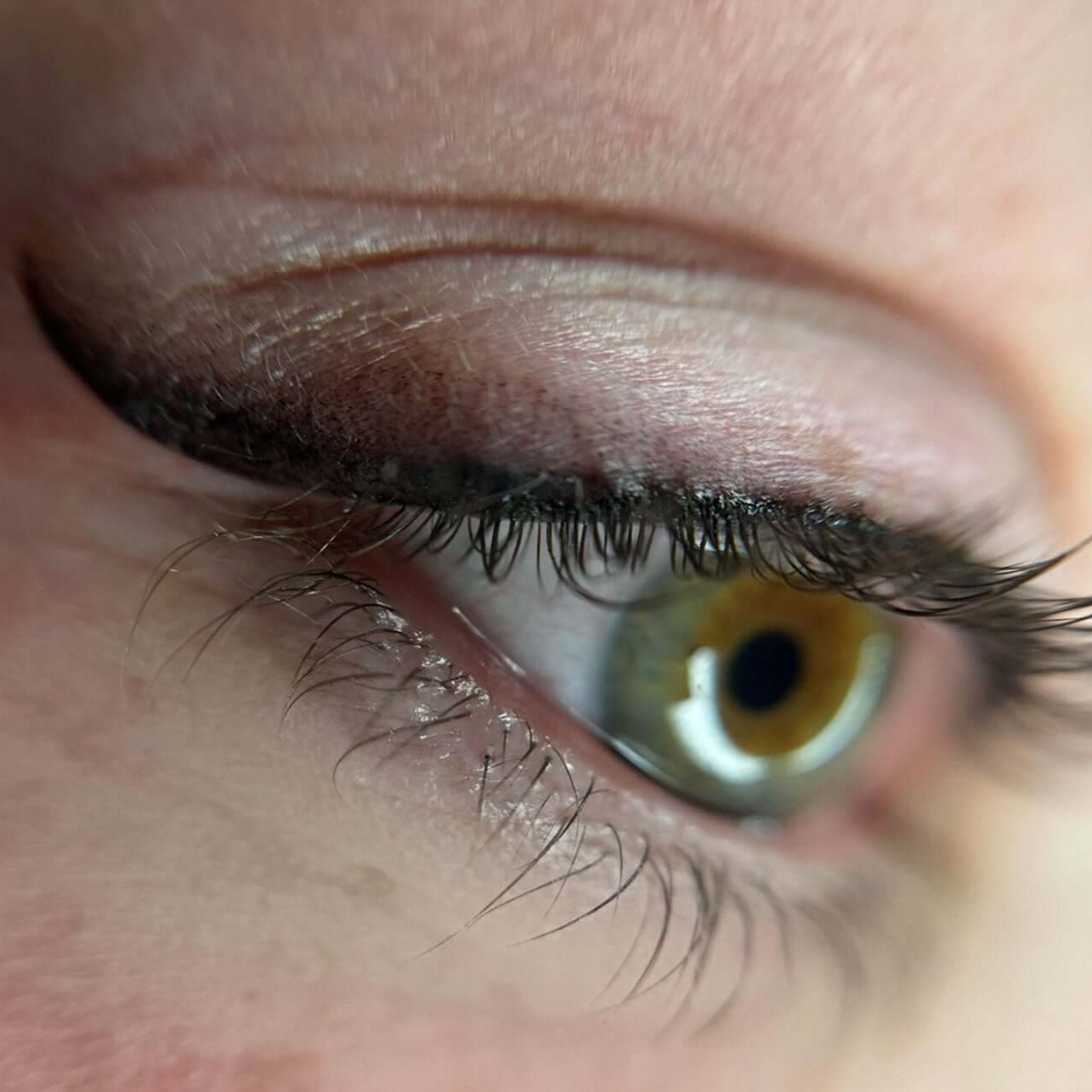 Close-up of a beautiful eye showcasing green and gold hues, enhanced with delicate eyeliner and luscious lashes.