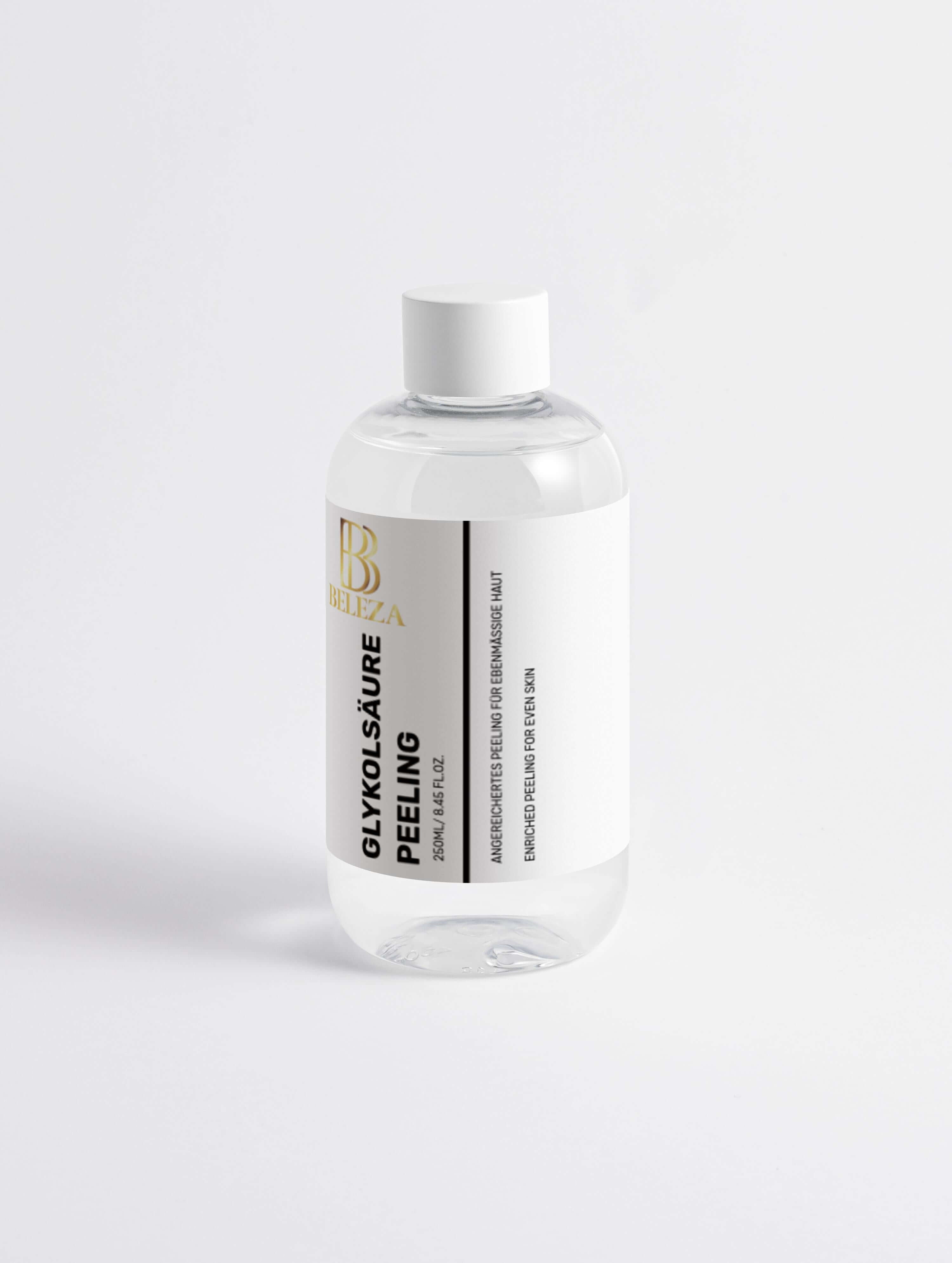 Glykolsäure Peeling in transparenter Flasche, fördert strahlende und glatte Haut bei regelmäßiger Anwendung.