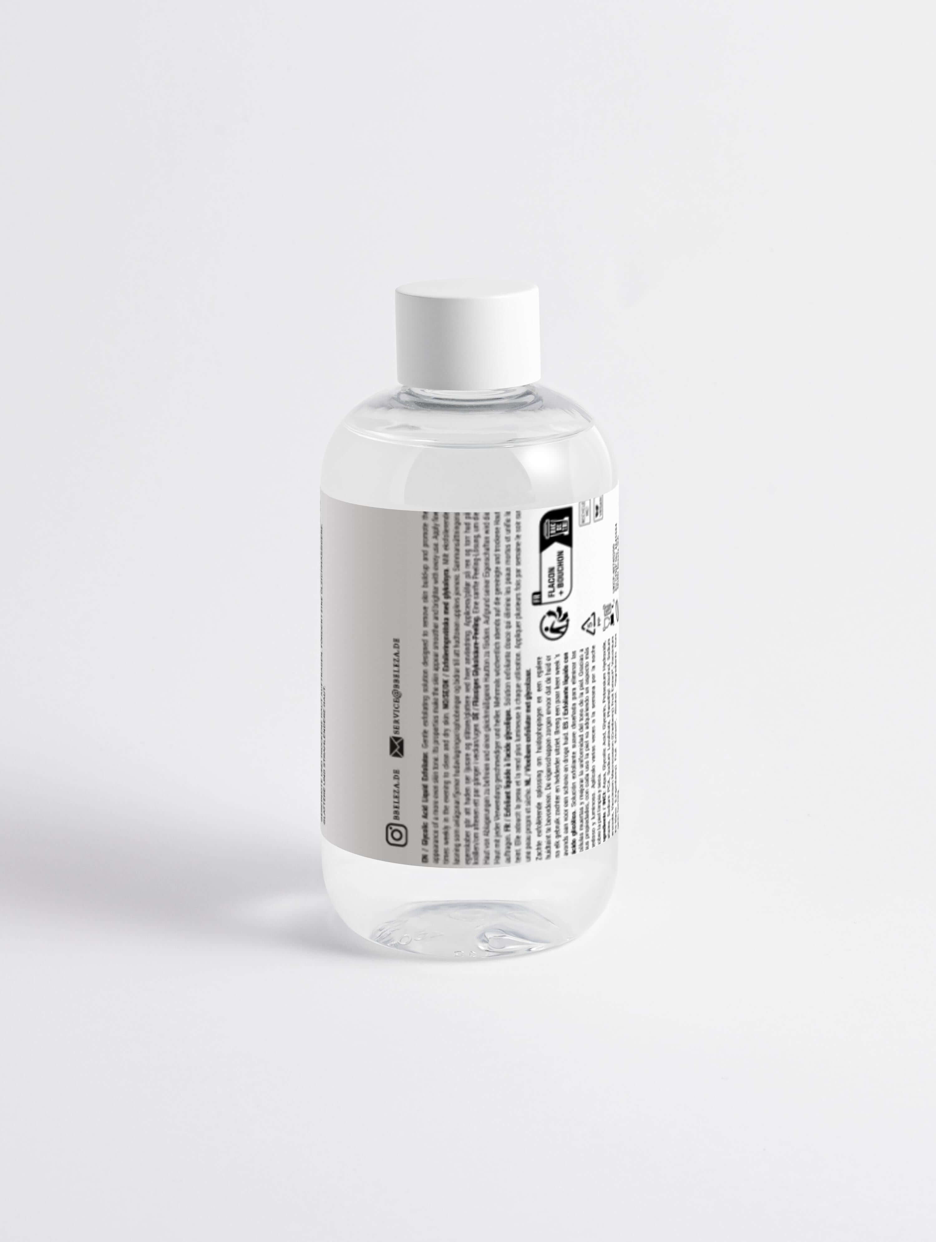 Flasche mit Glykolsäure-Peeling, zeigt die Rückseite mit Produktinformationen und Anwendungshinweisen.