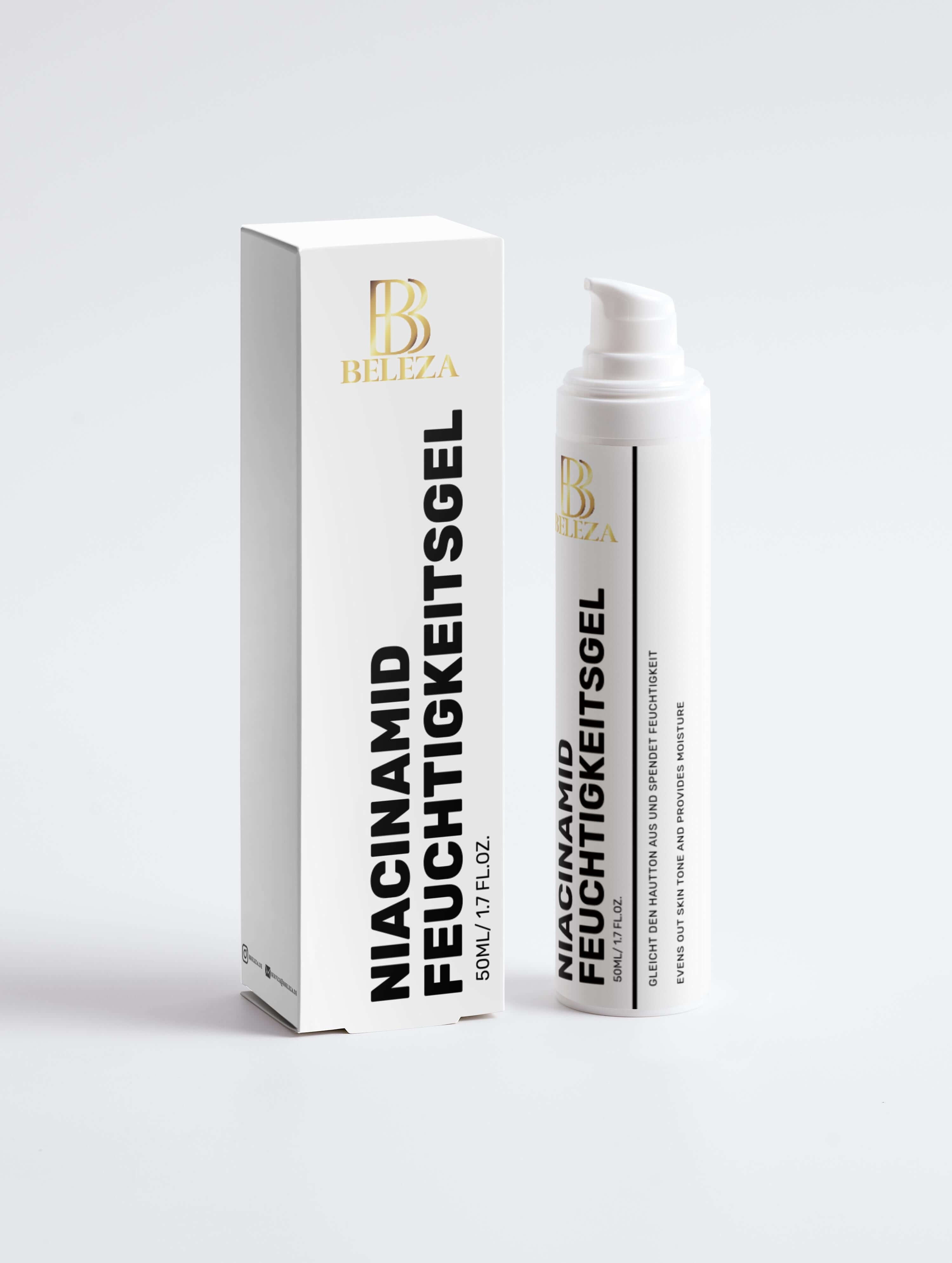 Niacinamid Feuchtigkeitsgel von Beleza in einem eleganten Pumpbehälter mit Verpackung für strahlenden Teint.