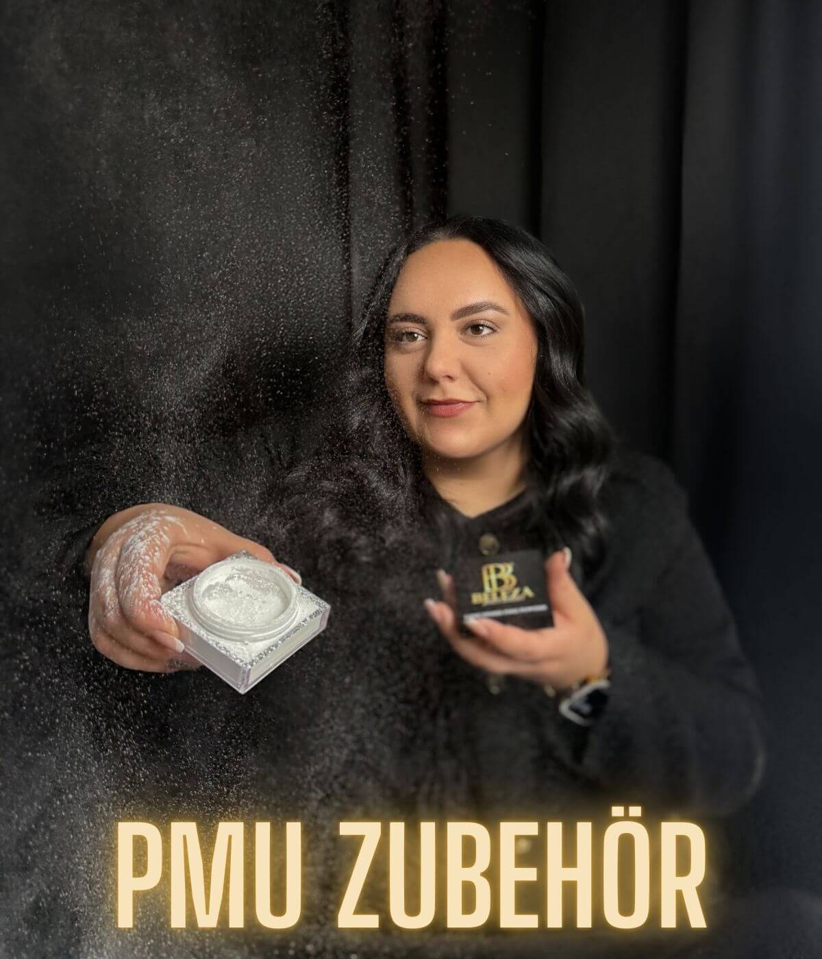 A woman showcasing PMU supplies, highlighting beauty products for permanent makeup application.