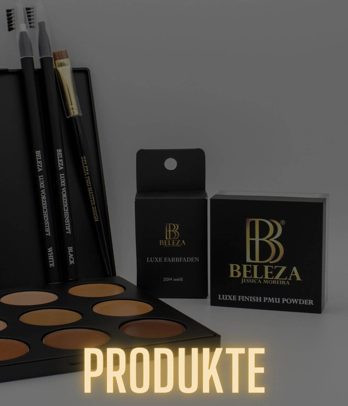 BELEZA beauty products including luxe PMU powder and color shades for flawless makeup application.