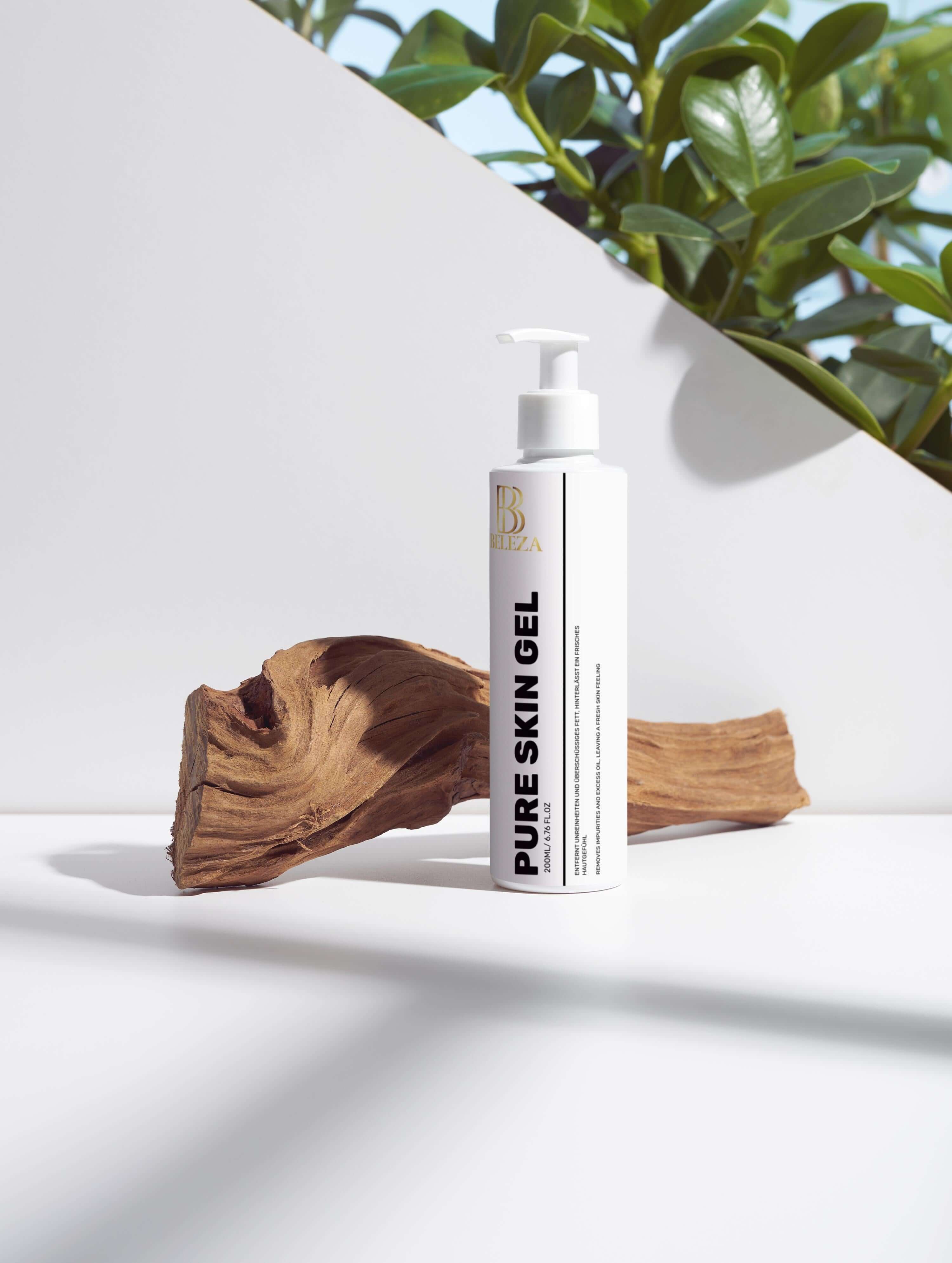 Pure Skin Gel cleanser bottle on a minimalist background, ideal for refreshing skin by removing dirt and excess oil.
