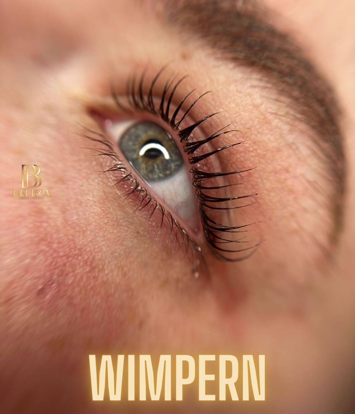 Close-up of an eye showcasing beautifully elongated eyelashes, highlighting the 'Wimpern' eyelash aesthetic.