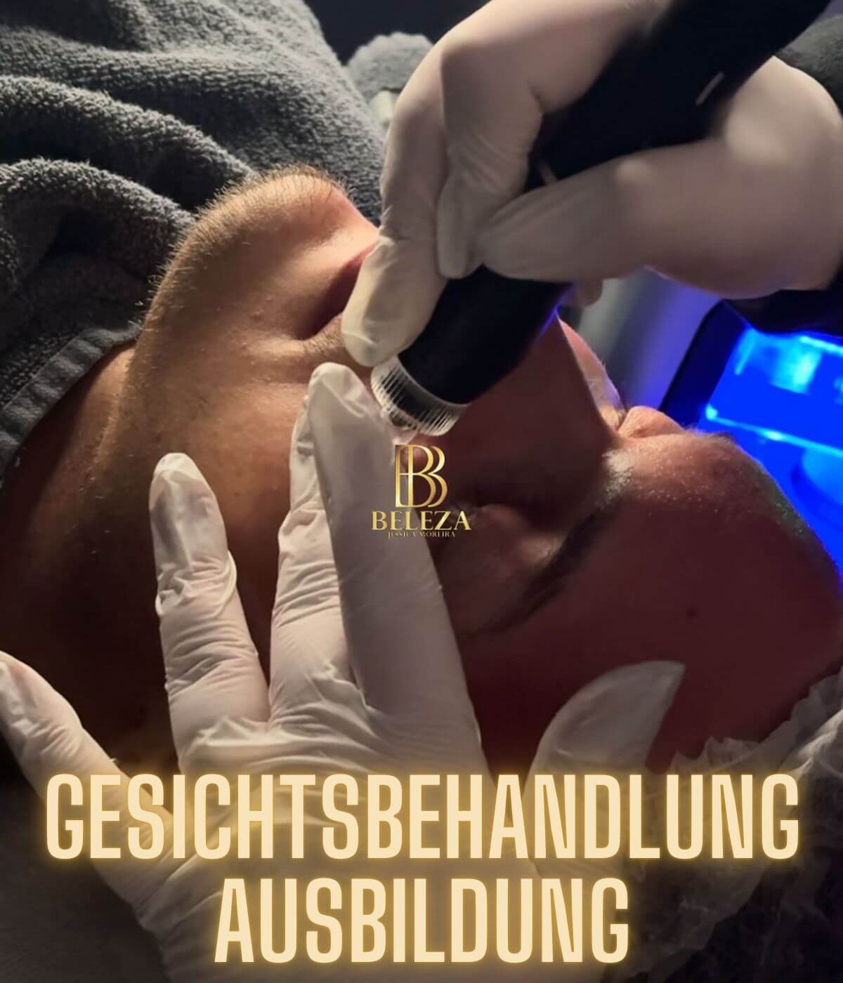 Close-up of a facial treatment training session, focusing on skincare techniques at Bleeza.